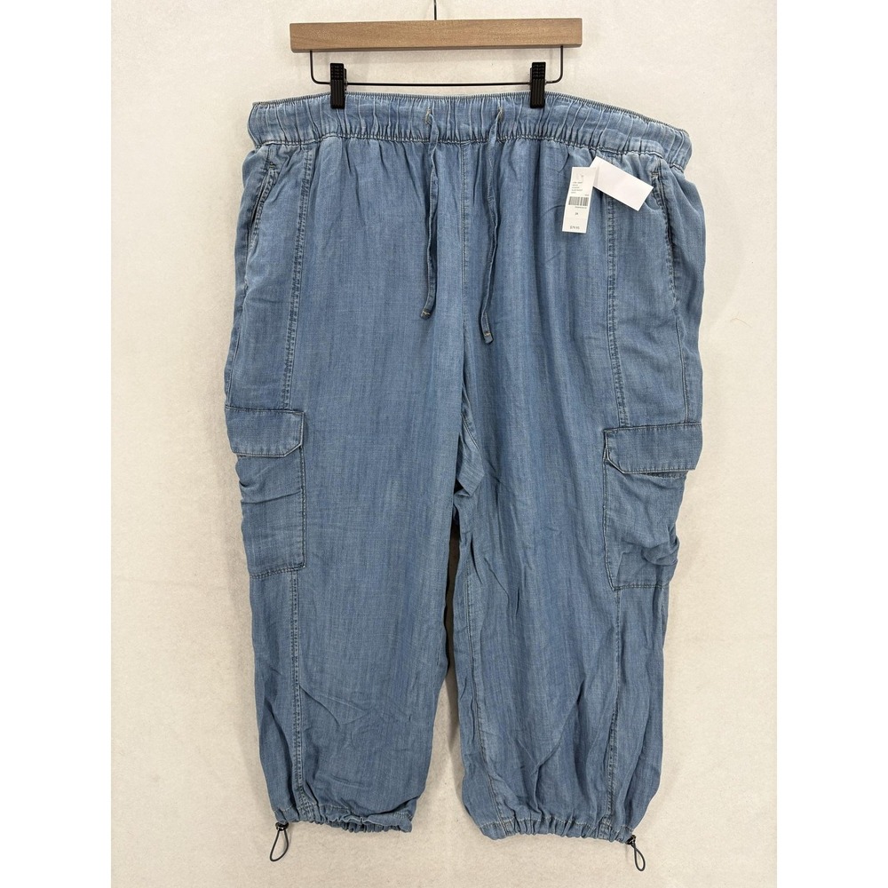 Lane Bryant Pull On Jogger Pants Womens 24 Blue Chambray Cargo High Rise Relaxed